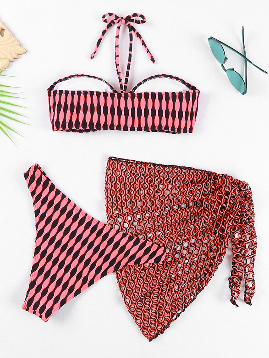 Geometric Halter Neck Three-Piece Swim Set apparels & accessories