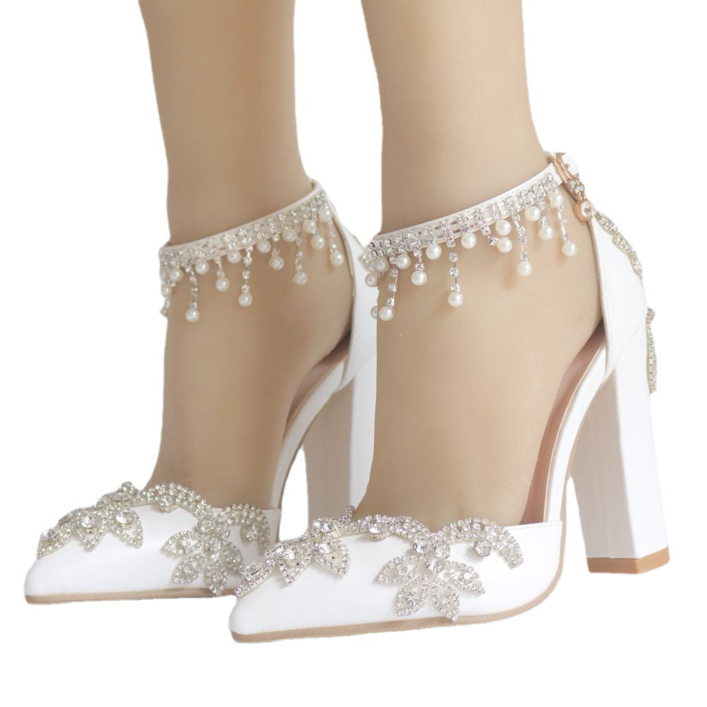 White Pointed Crystal Wedding Shoes Chunky Heel Shoes & Bags