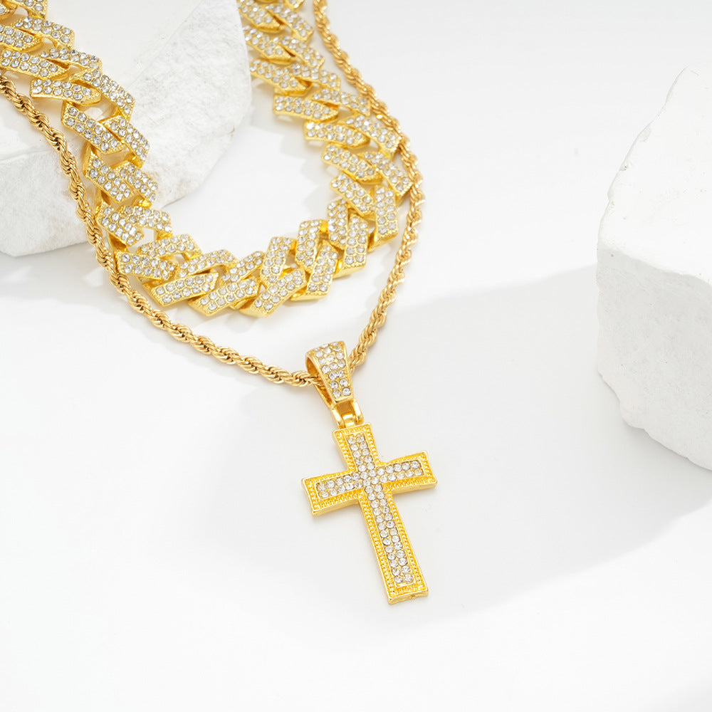 Full Diamond Cross Pendant Cuban Link Chain Jewelry