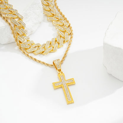 Full Diamond Cross Pendant Cuban Link Chain Jewelry