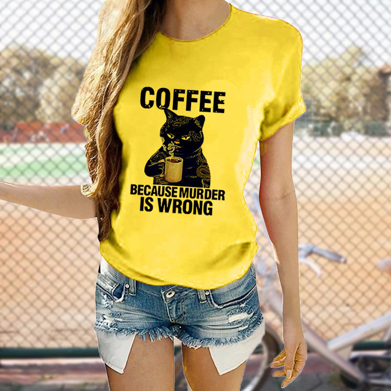 Cat Cute Print T-shirt Round Neck Short Sleeve Top apparel & accessories