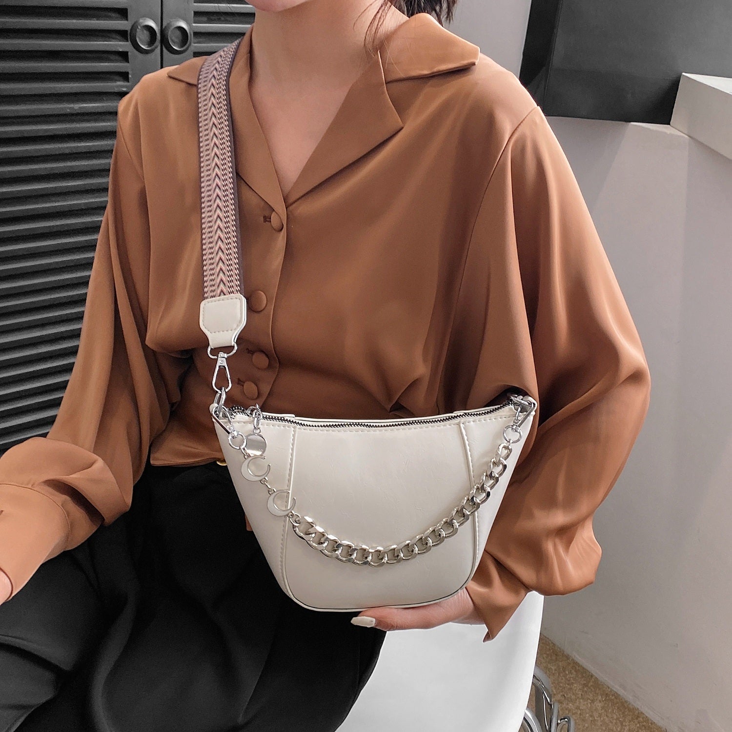 PU Leather Chain Trim Crossbody Bag apparel & accessories