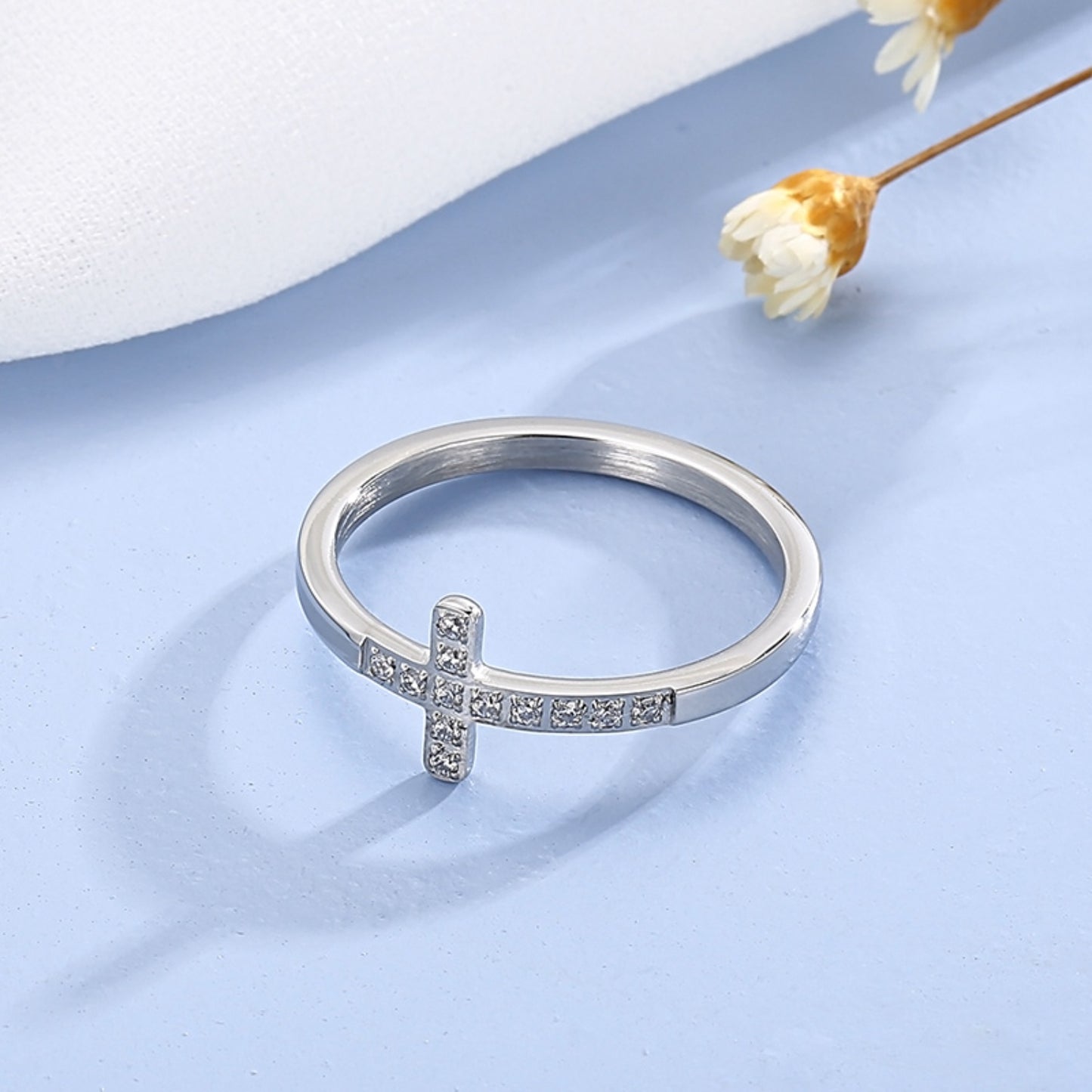 Inlaid Zircon Stainless Steel Cross Ring apparel & accessories