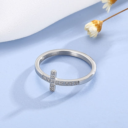 Inlaid Zircon Stainless Steel Cross Ring apparel & accessories