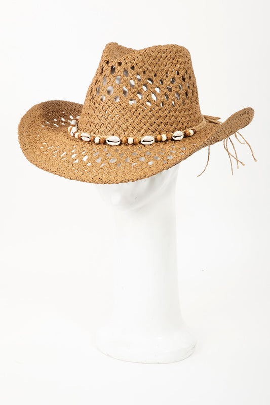 Fame Cowrie Shell Beaded String Straw Hat apparels & accessories