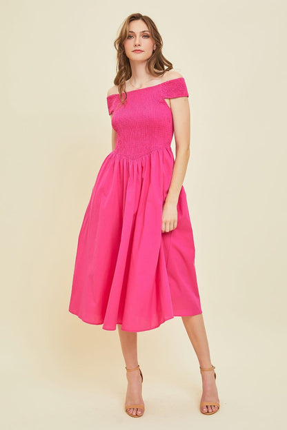 HEYSON Off-Shoulder Smocked Midi Dress Dresses & Tops