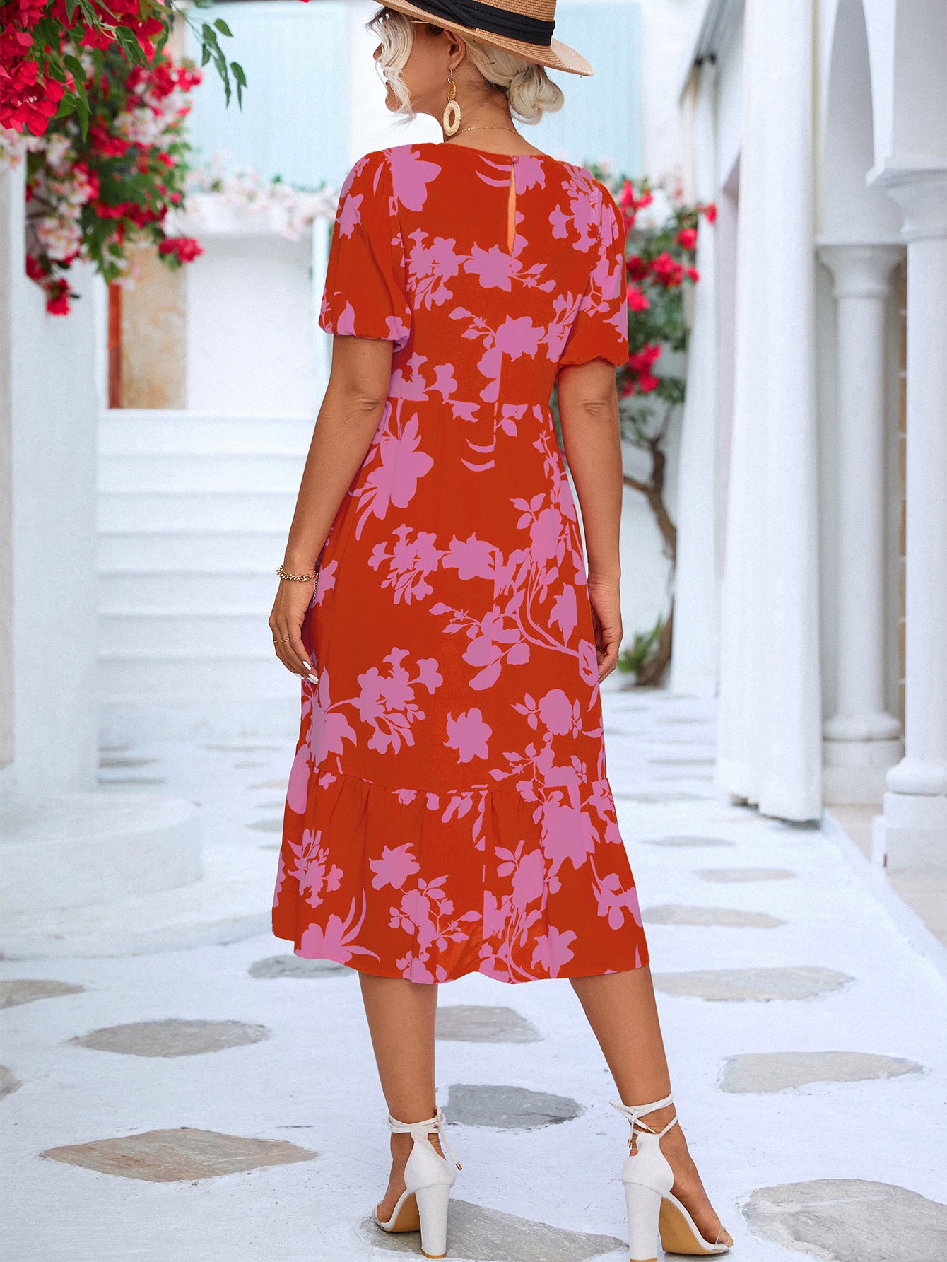 Floral Puff Sleeve Ruffle Hem Midi Dress apparel & accessories