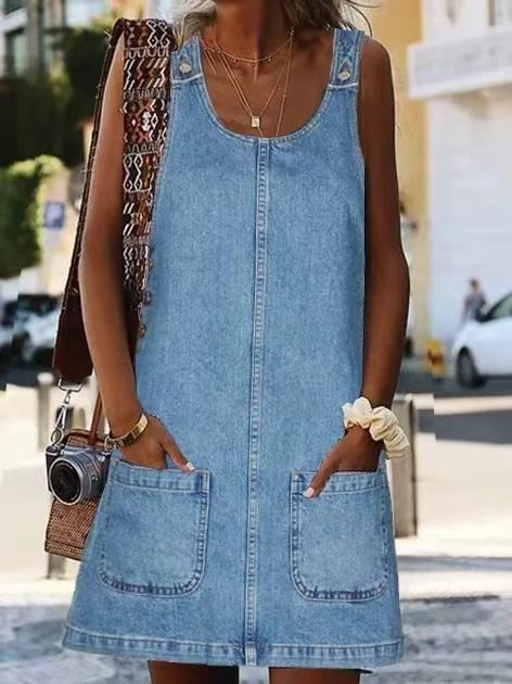 Solid Color Round Neck Casual Blue Denim Suspender Skirt apparel & accessories
