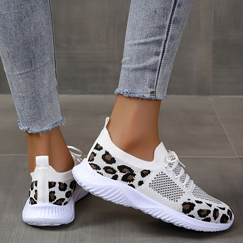 White Shoes Leopard Print Lace-up Sneakers Shoes & Bags