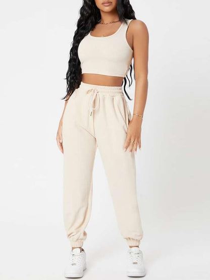 Wide Strap Top and Drawstring Joggers Set Bottom wear