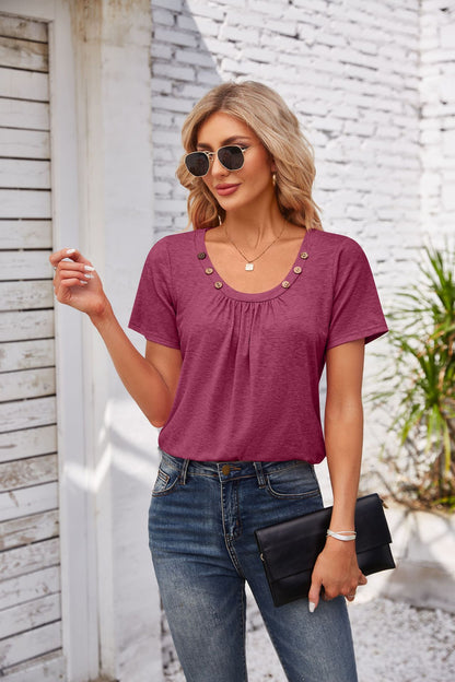 Women's Short-sleeved T-shirt Summer Button Square Collar Pleated Design Solid Color Loose T-shirt Womens Clothing apparel & accessories