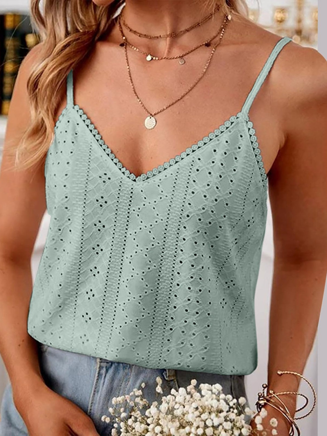 Eyelet Lace Detail V-Neck Cami Dresses & Tops