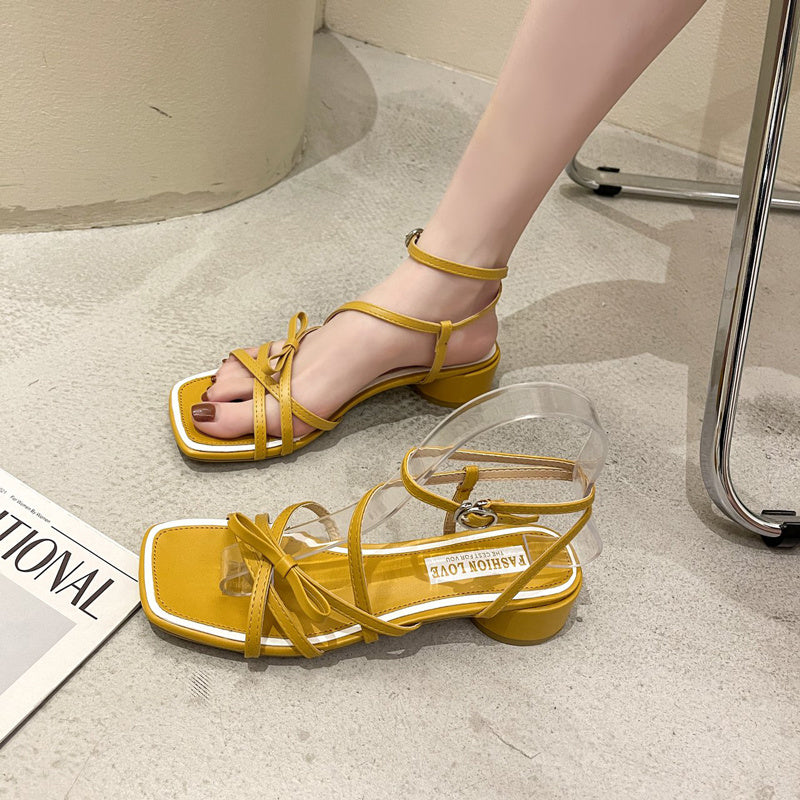 Summer Mid-heel Square-toe Thick-heeled Sandals Women Shoes & Bags