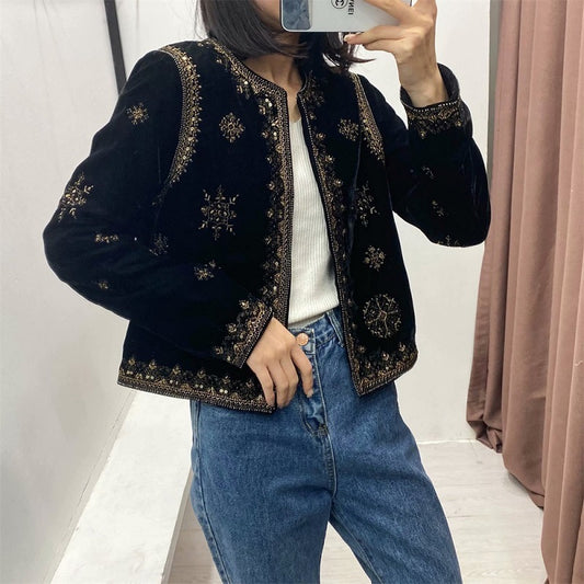 Black Printed Round Neck Long Sleeve Ladies Jacket apparels & accessories