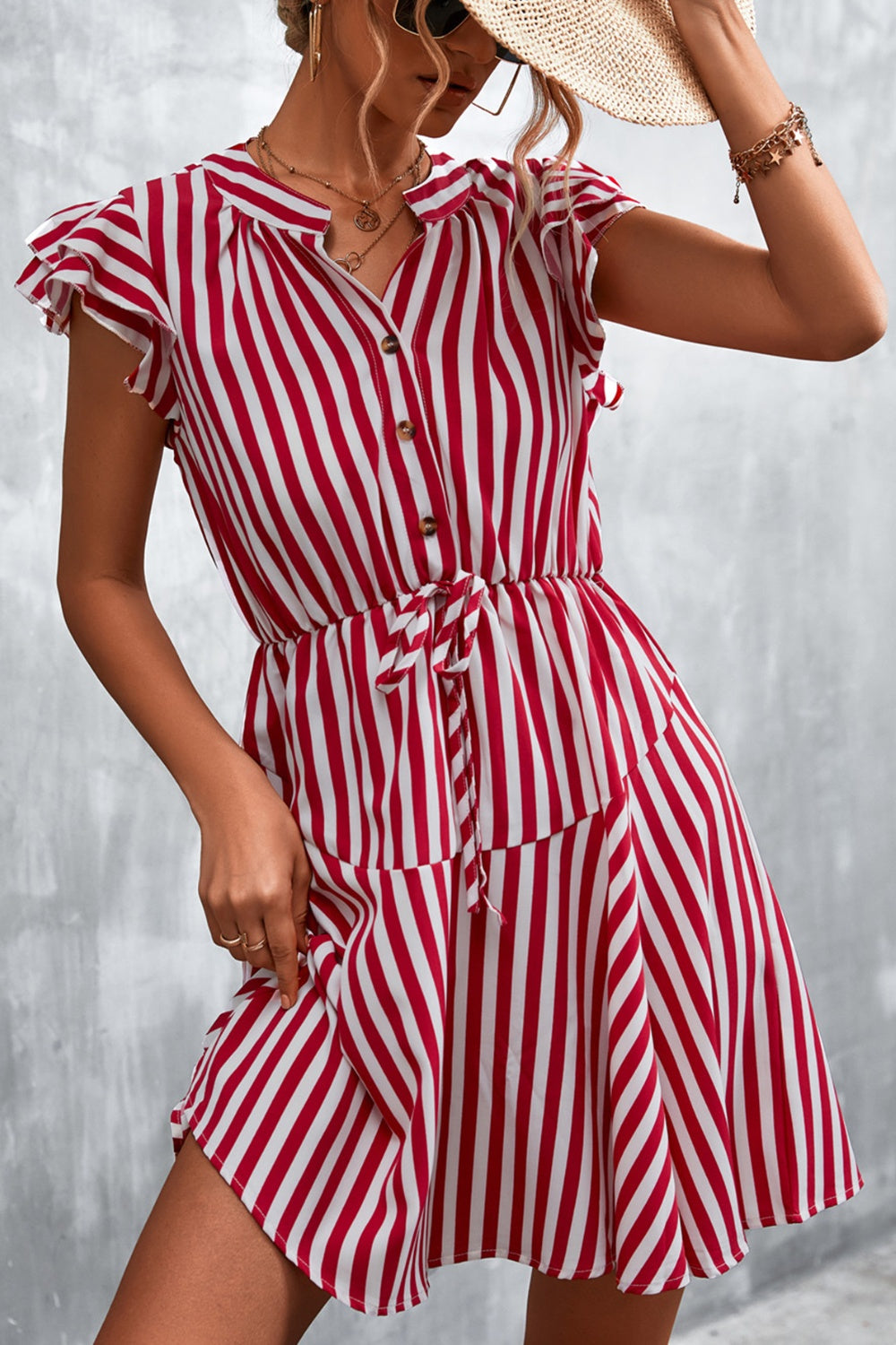 Ruffled Striped Cap Sleeve Mini Dress Dresses & Tops