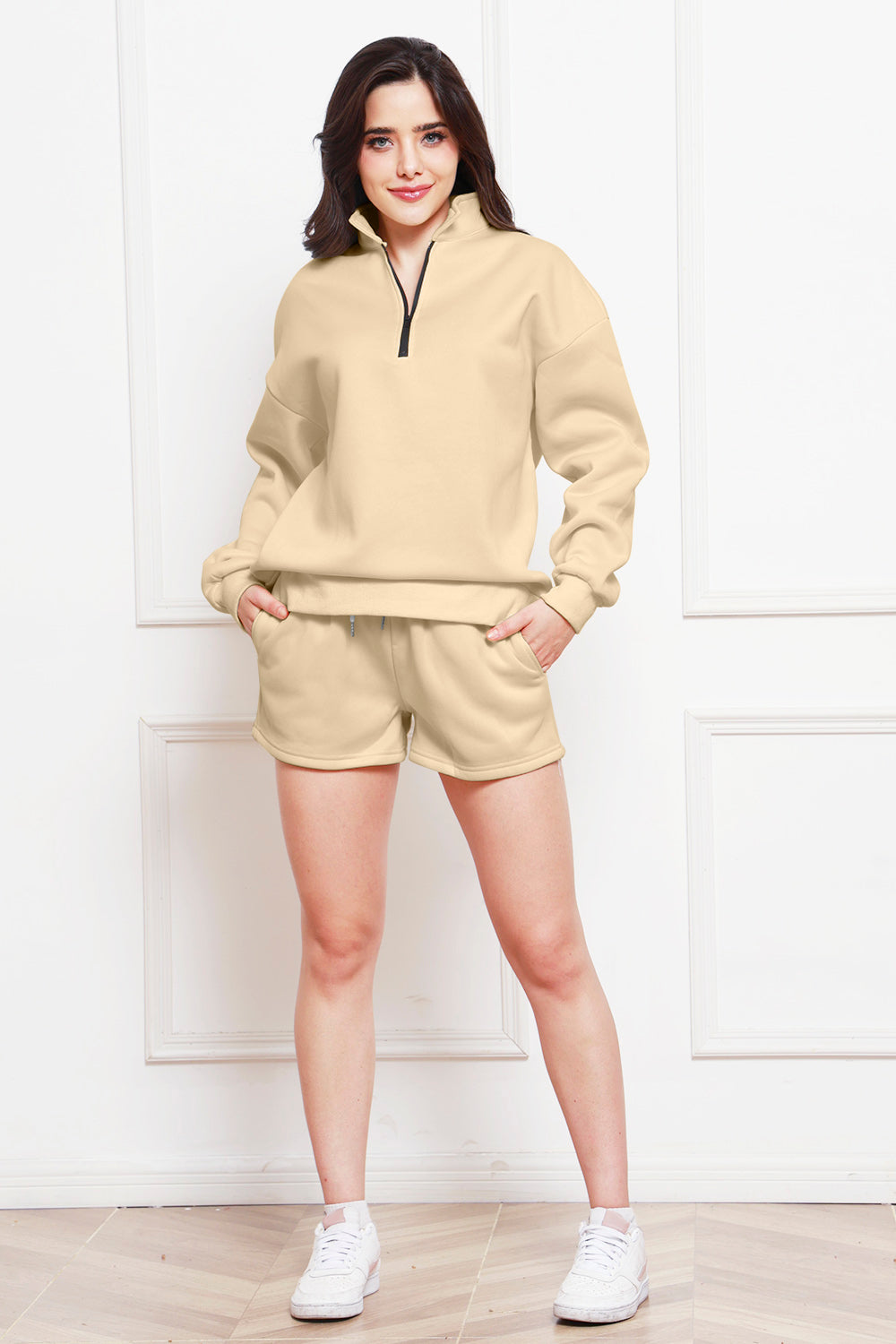 Half Zip Long Sleeve Sweatshirt and Drawstring Shorts Set Bottom wear