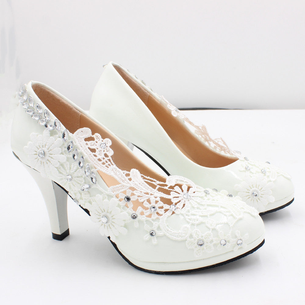 Lace Silver Sequins Adorn White Wedding High Heels Shoes & Bags