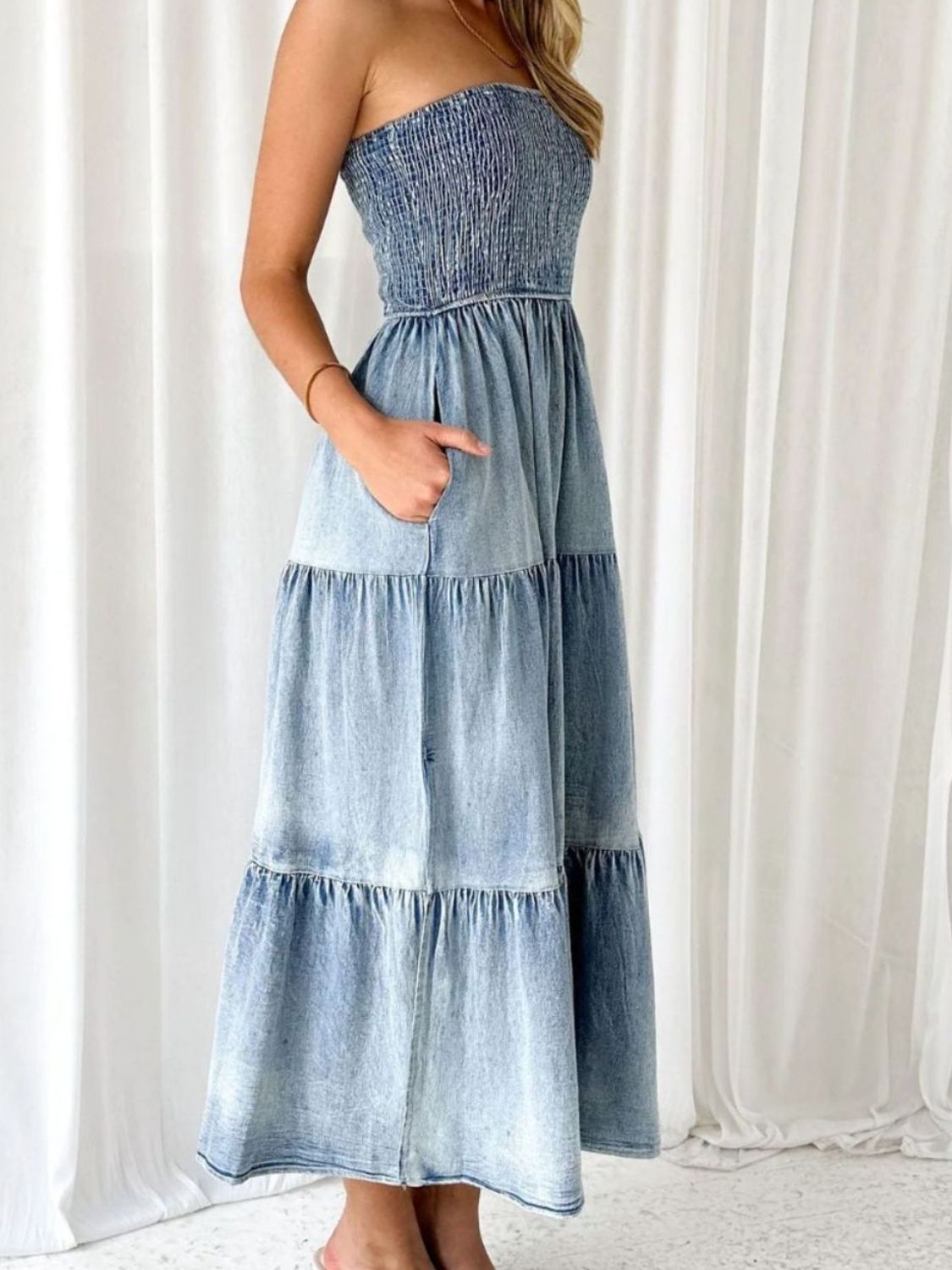 Slit Smocked Tube Tiered Denim Dress apparel & accessories