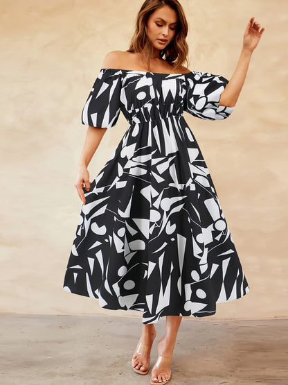 Printed Off-Shoulder Balloon Sleeve Dress apparel & accessories