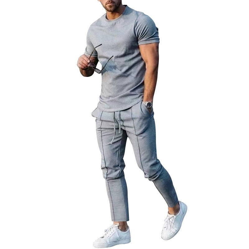 Solid Color Casual Round Neck Short Sleeves T-shirt Trousers Two-piece Set apparel & accessories