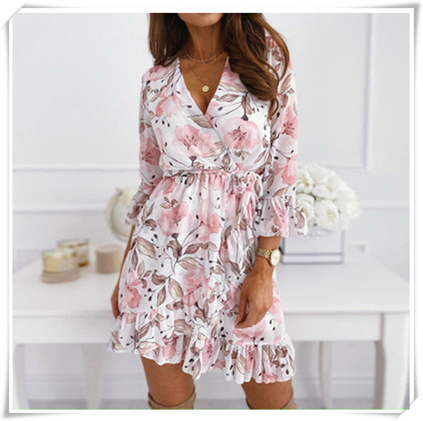 Summer Sexy V-Neck Chiffon Print Lantern Sleeve Ruffle Slim Dress apparel & accessories