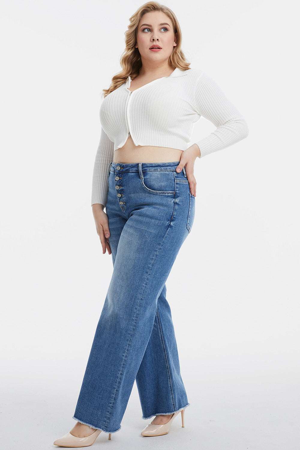 BAYEAS Full Size High Waist Button-Fly Raw Hem Wide Leg Jeans Bottom wear