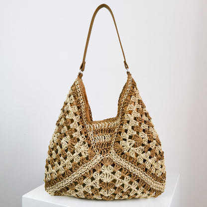 Women's Fashion Handmade Straw Woven Hollow Contrast Color Weave Shoulder Bag Accessories for women