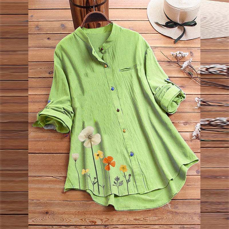 Printed Stand Collar Color Button Shirt Women apparels & accessories