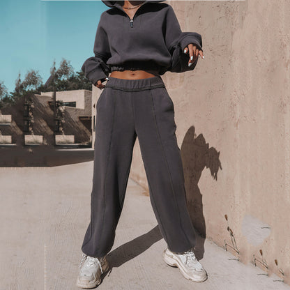 Long Sleeve Turtleneck Sweatshirt Short Top With Loose Straight Leg Pants apparels & accessories