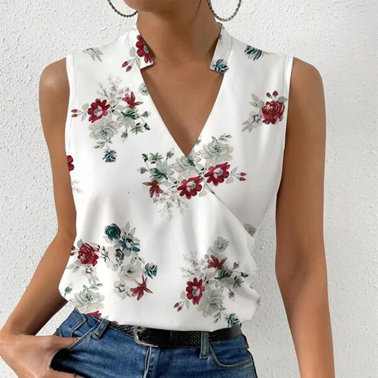 Casual Printed Tops Summer V-neck Sleeveless T-shirt Womens Clothing apparel & accessories