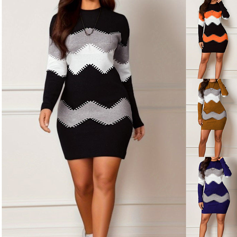 Mid-length Short Skirt Round Neck Long Sleeve Printed Knitted Sheath Dress apparel & accessories