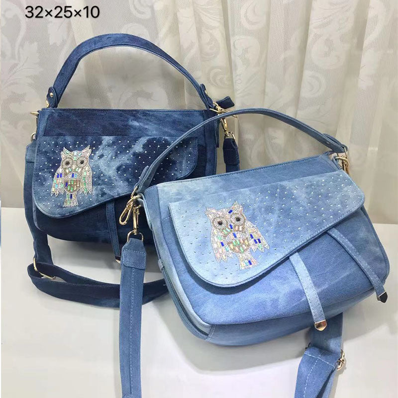 Fashion Denim Female Bag Owl Denim Bag KTM Denim Bag Flower Bag Shoulder Messenger Portable Bucket Bag Small apparel & accessories