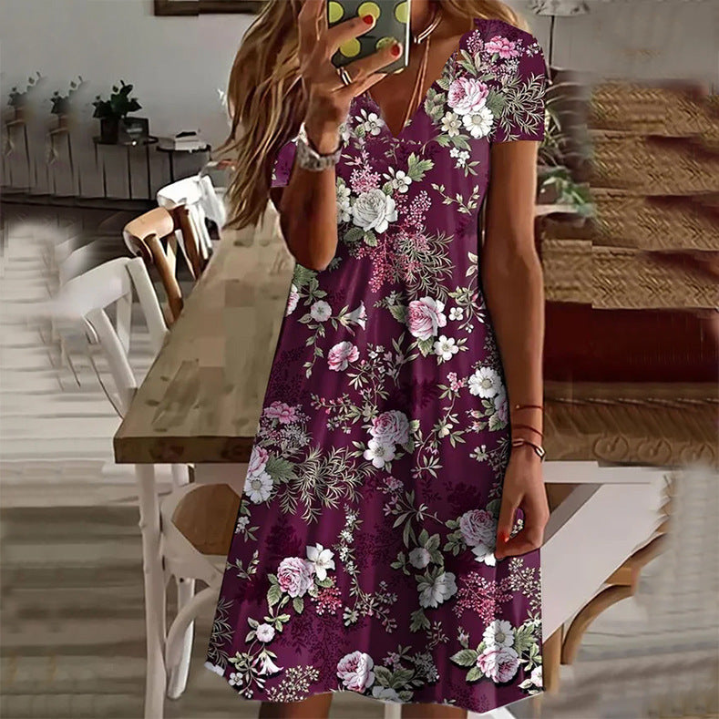 Plant Flower Printed V-neck Loose Women's Dress apparel & accessories