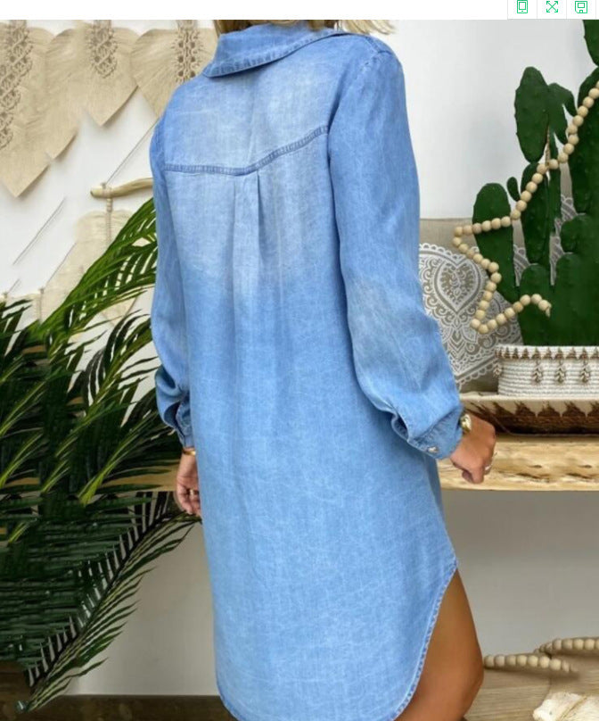 Women's Solid Color Single-breasted Long Sleeve Denim Dress apparel & accessories