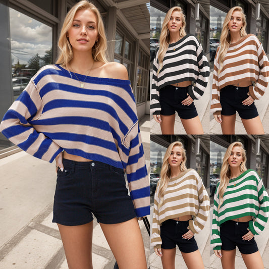 Women's Pullover Sweater Striped Loose Short apparels & accessories