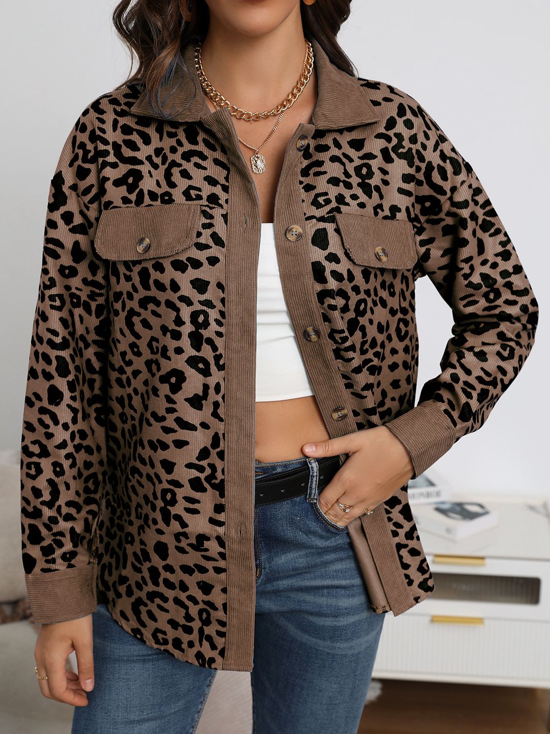Full Size Leopard Buttoned Jacket apparel & accessories