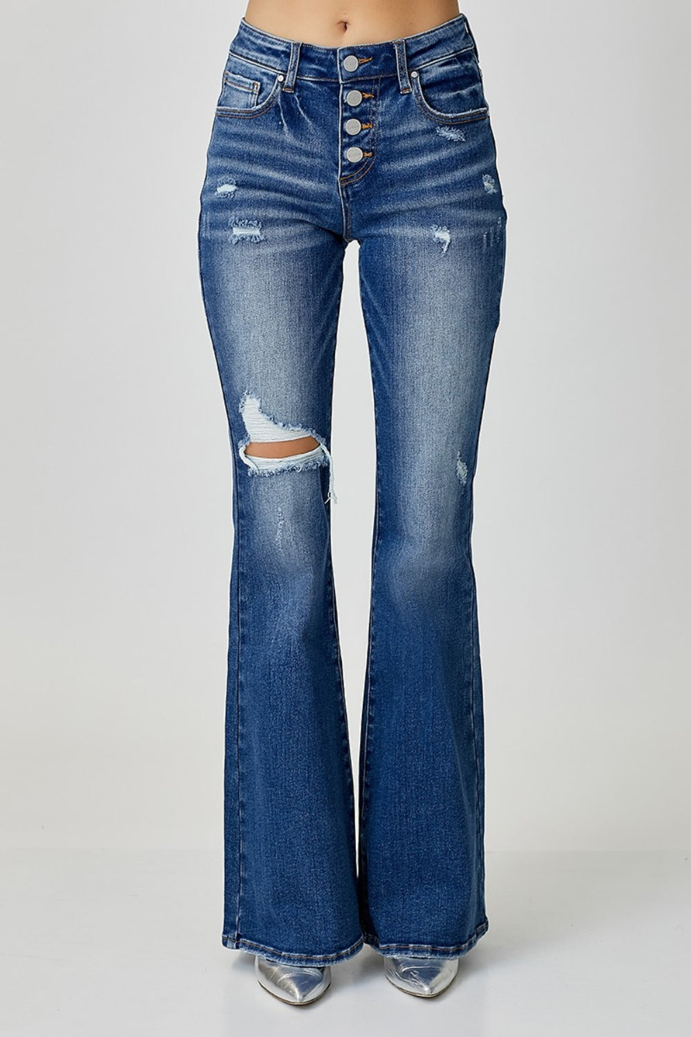 RISEN Distressed Button-Fly Flare Jeans Bottom wear