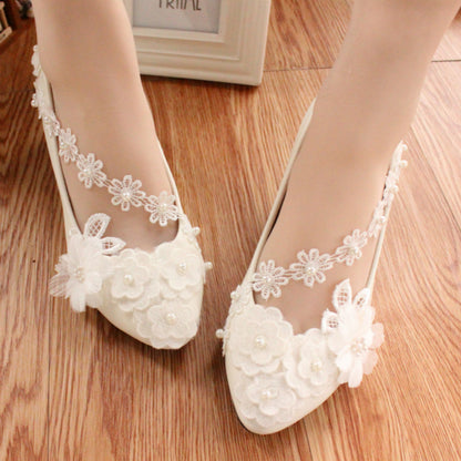 White Large Lace Low Heel Wedding Dress 3D Flower Women's Shoes Shoes & Bags