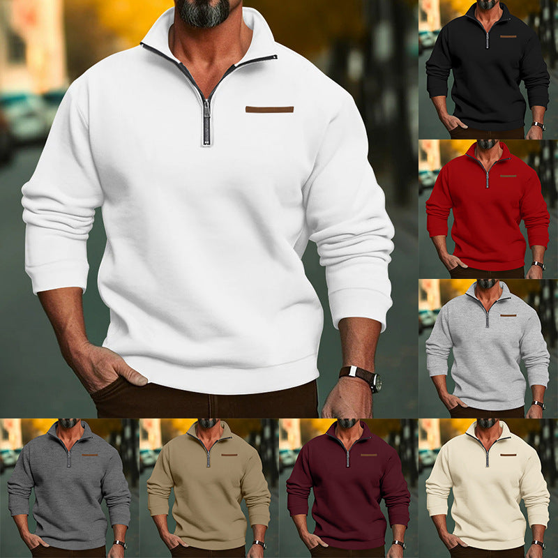 Fleece-lined Half Zipped Stand Collar Sweater Solid Color Plus Size Top men's clothing