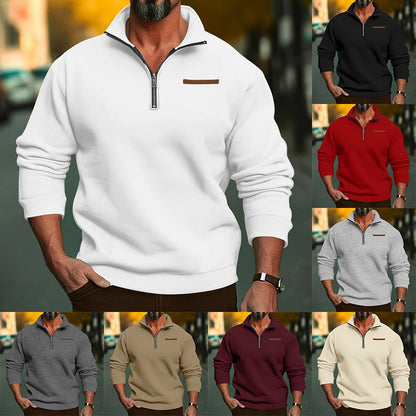 Fleece-lined Half Zipped Stand Collar Sweater Solid Color Plus Size Top men's clothing