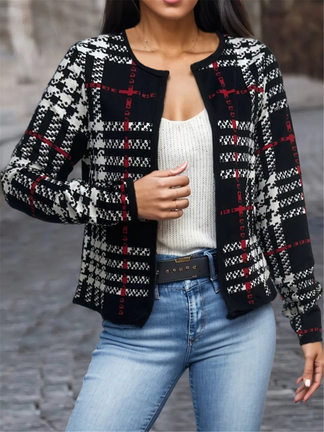 Plaid Open Front Long Sleeve Jacket Dresses & Tops