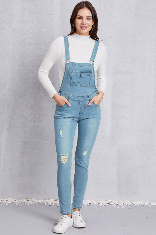 Distressed Washed Denim Overalls with Pockets Bottom wear