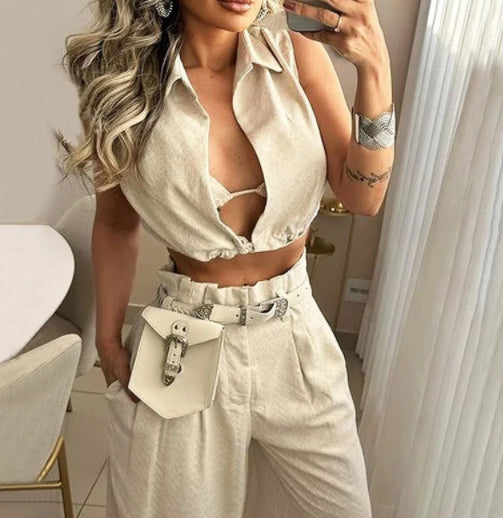 Solid Color Lapel Sexy Sleeveless Top Casual Pants Set apparels & accessories