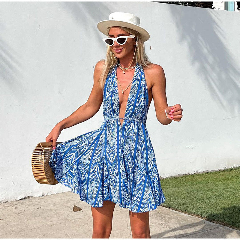 Vacation Style Backless Print Halter Beach Dress For Women apparel & accessories