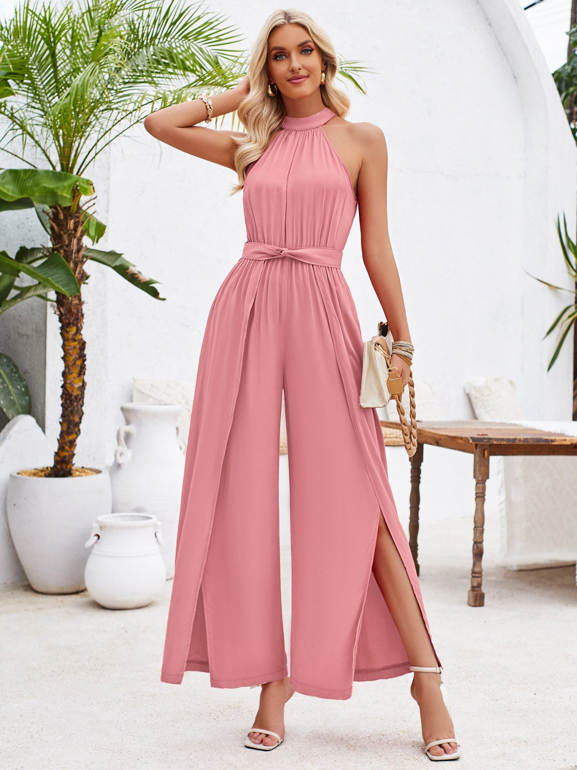 Ruched Slit Tied Sleeveless Jumpsuit apparel & accessories