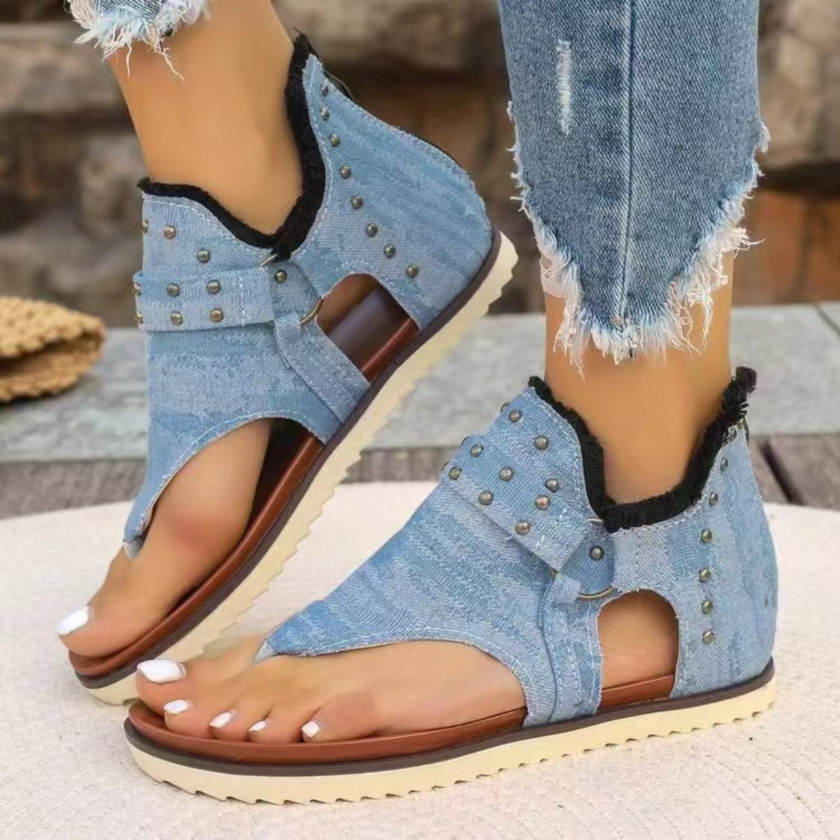 Studded Raw Hem Flat Sandals apparel & accessories