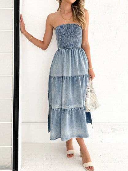 Slit Smocked Tube Tiered Denim Dress apparel & accessories