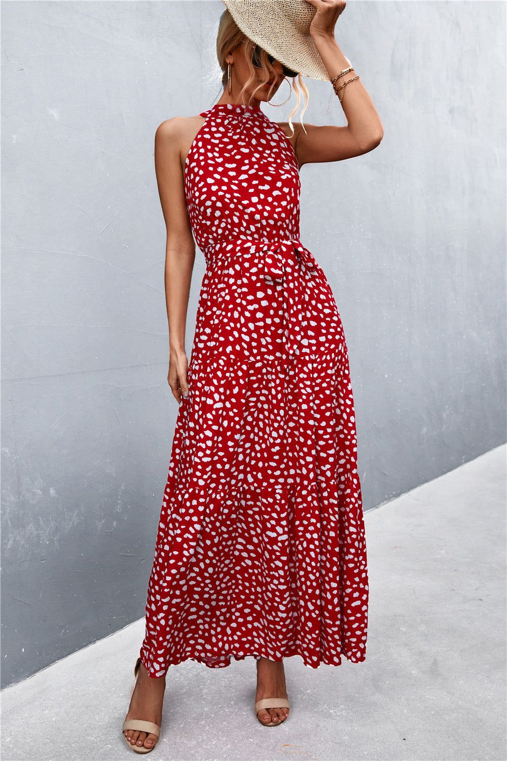 Printed Sleeveless Tie Waist Maxi Dress apparel & accessories