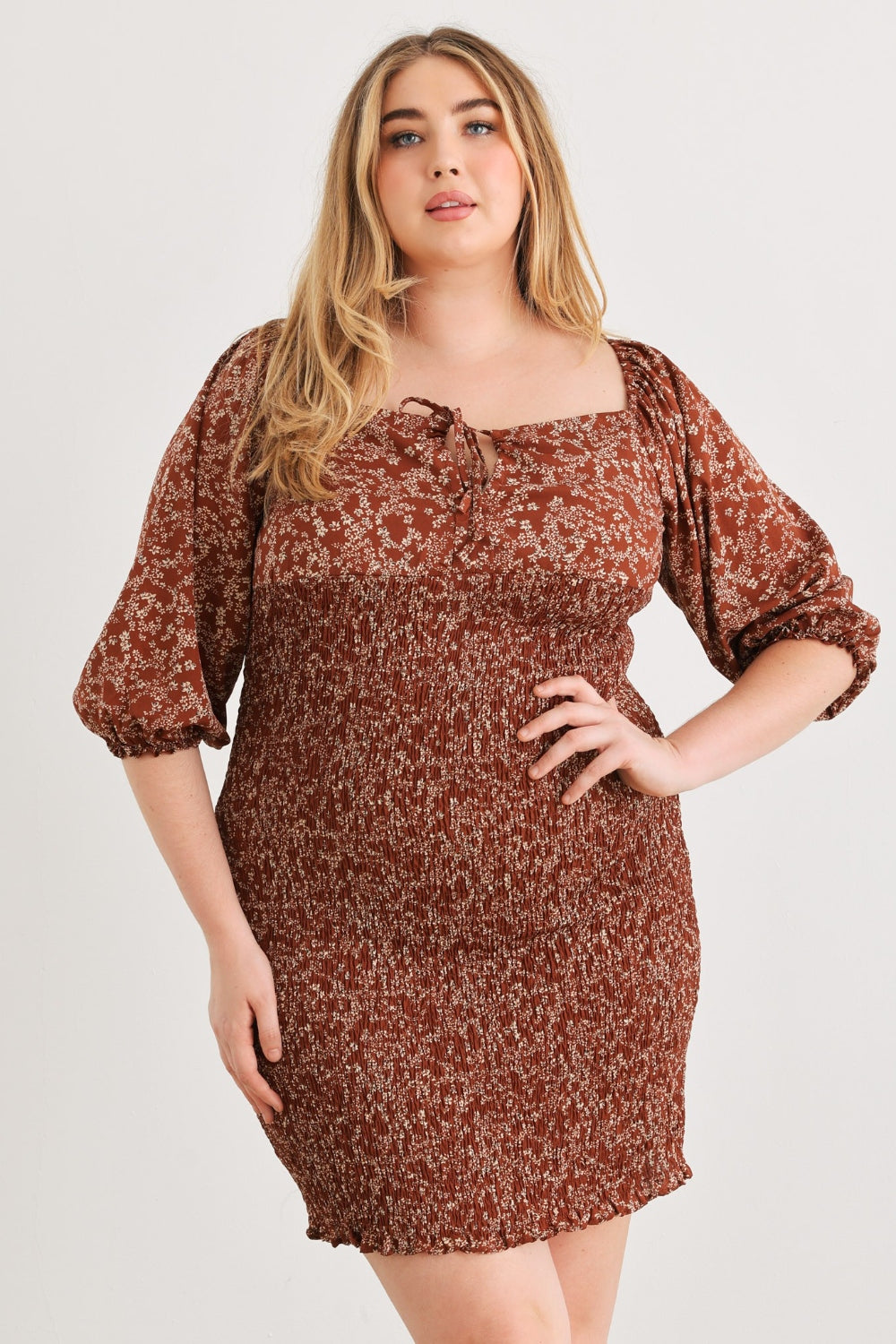 Zenobia Plus Size Smocked Printed Square Neck Mini Dress Dresses & Tops