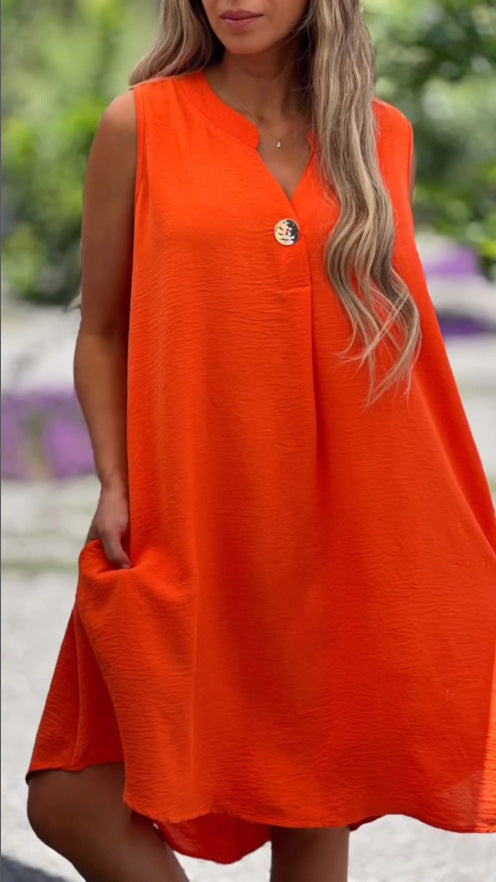 Summer V-neck Sleeveless Dress With Button Decoration Solid Color Casual Loose Straight Dresses Womens Clothing apparel & accessories